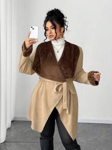 SHEIN Elenzya Fashionable Casual French Retro Elegant Commuter Contrast Color Lace-Up Jacket - Khaki - View 7