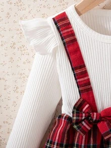 Souflis Souflis Vestido Infantil Francês Retrô Novo Elegante Clássico Xadrez Vermelho com Branco de Manga Longa em Tricô 2 em 1, Sofisticado e Fofo para Passeios, Reuniões, Festas e Outras Ocasiões - Multicolorido - Visão 5