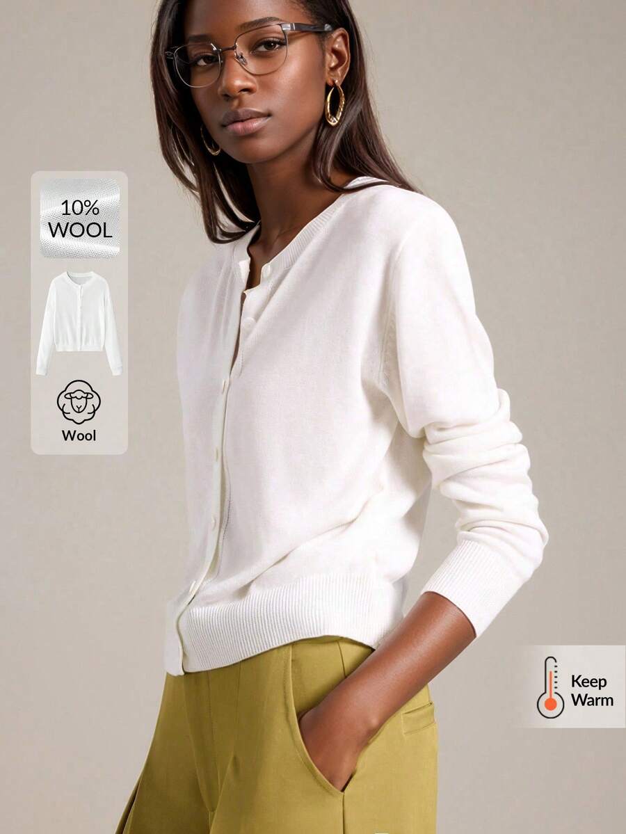 Ontre 2025 秋冬新款女装，四季羊毛混纺，适合万圣节、圣诞节、啤酒节、夜间外出、婚礼宾客、商务休闲、极简主义现代都市风格，白色羊毛混纺毛衣、开衫、上衣、贝壳纽扣、办公室通勤 - 白色 - 查看 1