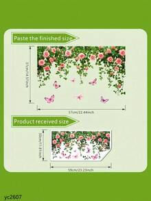 1pc Fanyu Rose Vine Butterfly Wall Stickers - Self-Adhesive Removable PVC Decals With Pink Roses, Green Leaves & Purple Butterflies For Walls, Plastic Surfaces - Fantasy Floral Decor, Semi-Matte Finish, Butterfly Decorations