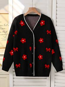 Cárdigan de punto de manga larga y media longitud con lazo y flor minimalista y lindo, estilo jacquard para niñas. Abrigo de suéter estilo jacquard mariposa roja. Moda de estilo callejero europeo y americano para otoño, Navidad. Suelto y versátil, cárdigan de botones de media longitud.