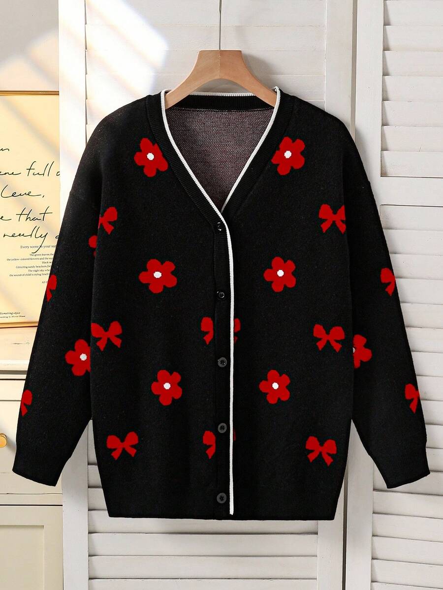 Cárdigan de punto de manga larga y media longitud con lazo y flor minimalista y lindo, estilo jacquard para niñas. Abrigo de suéter estilo jacquard mariposa roja. Moda de estilo callejero europeo y americano para otoño, Navidad. Suelto y versátil, cárdigan de botones de media longitud.