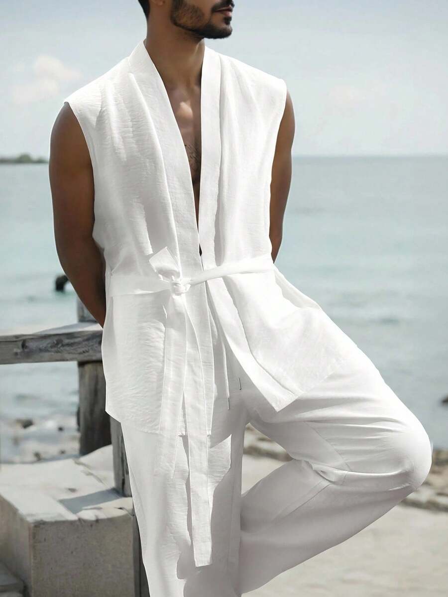 Manfinity RSRT 男士无袖纯色长款衬衫和裤子休闲套装，夏季舒适服装 - 白色 - 查看 1