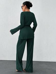 SHEIN Tall 純色十字繫帶上衣與寬腿褲綠色兩件套，祖母綠女裝套裝，女式褲裝套裝，適合高個女性 - 水鴨藍 - 查看 2