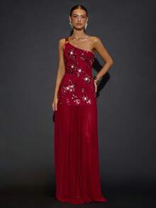 SHEIN BAE Váy dự tiệc cocktail mùa thu/đông thêu vai lệch vai đính sequin trang trí, váy thanh lịch, hẹn hò lãng mạn, tiệc tùng, tụ họp trang trọng, váy dự tiệc đêm, váy dự tiệc cưới, váy Halloween, váy Giáng sinh - Màu Đỏ Sâu - Xem 3
