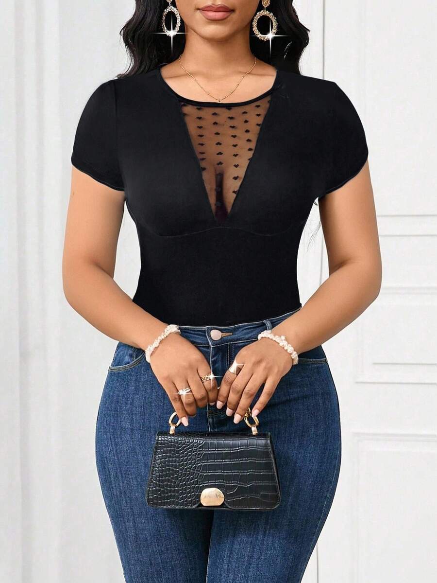 SHEIN Lady 撞色心形印花网眼T恤 女士秋季服装 秋季服装 - 黑色 - 查看 1