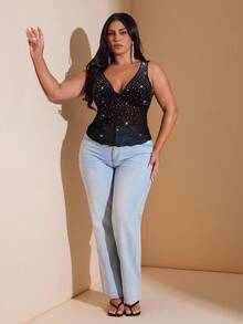 SHEIN BAE Damen Große Größen Clubwear Trägerhemd mit Strass Verzierung, Frühherbst