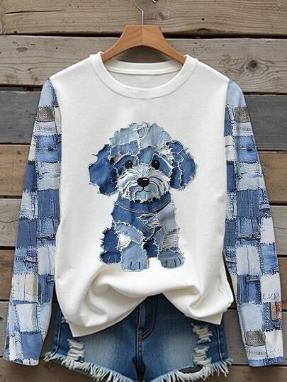 EMERY ROSE Navy Blue, Faux Denim Pattern, Puppy Print, Vintage Top,Women's Long-Sleeved T-Shirt,Fall,Sister,Fashionable Now, Fashion,Aesthetic Long-Sleeved T-Shirt, Siblings Gift, Gift For Sister, Gift For Mom, Other's Day Gifts,Casual Minimalist Fashion Top