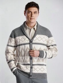 Manfinity CityGents Cárdigan de hombre con patrón geométrico de bloques de color, otoño/invierno - Gris - Ver 1