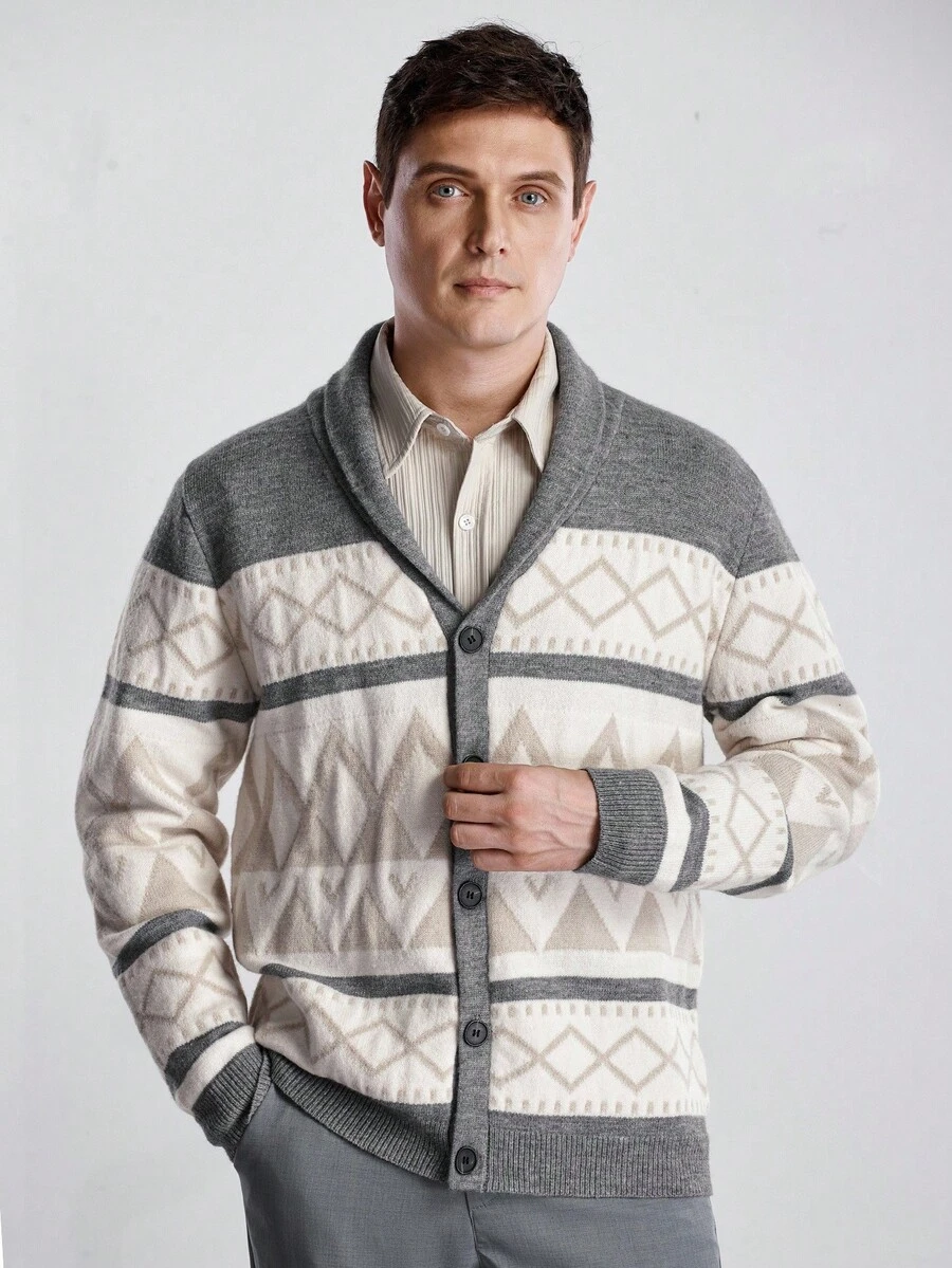 Manfinity CityGents Cárdigan de hombre con patrón geométrico de bloques de color, otoño/invierno - Gris - Ver 1
