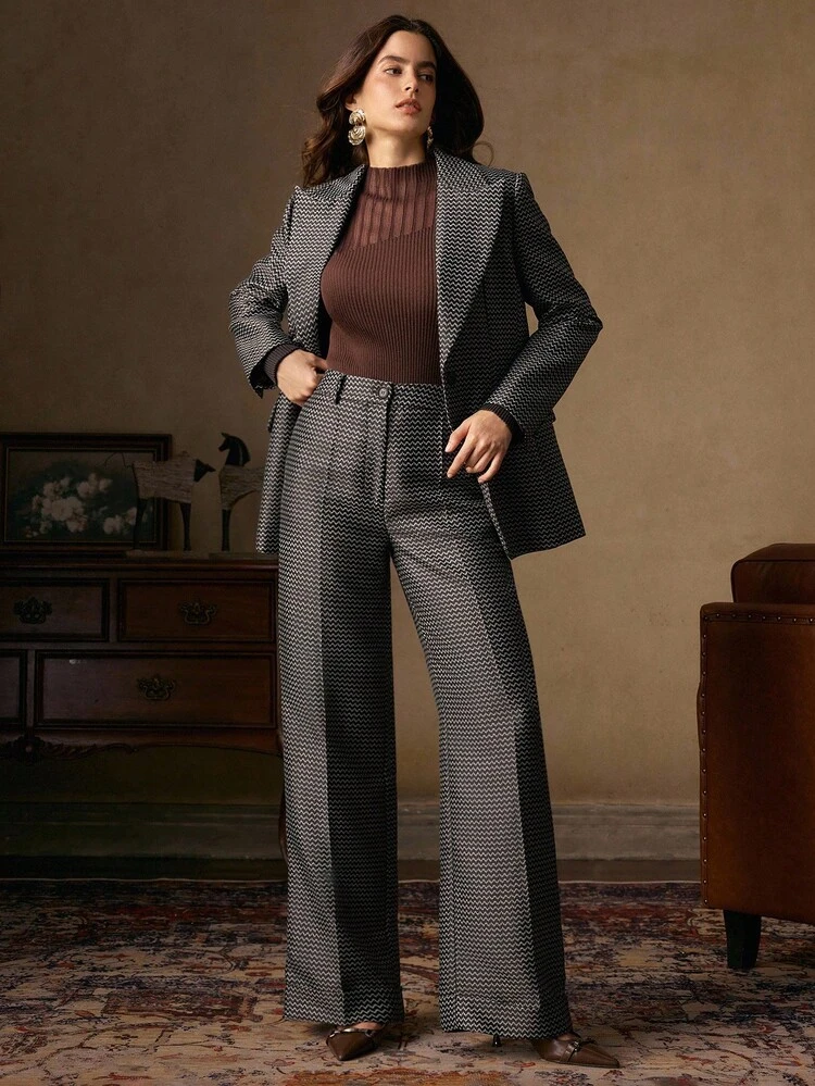 Urban Chic High Waist Draping Striped Wavy Textured Fold-Over Women's Suit Pants