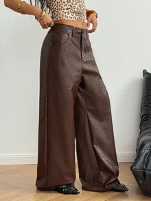 StreetHx Women's Autumn/Winter Street Style 2000s Punk Inspired Embossed PU Leather Pants - Coffee Brown - View 3