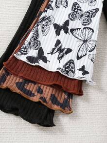 SHEIN 4pcs Young Girl Casual Multi-Color Butterfly & Leopard Print, Solid Color Versatile Flared Pants, Suitable For Spring & Autumn - Multicolor - View 3