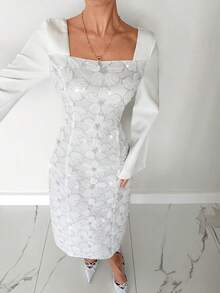 Siren Gaze Women's Elegant Party Sequin Patchwork Flare Sleeve Dress Winter New Year White