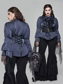 ROMWE EDITION 加大码中世纪复古深色哥特式蕾丝拼布长袖衬衫 - 灰色 - 查看 7