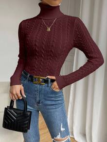 RosyDaze Women's Solid Color High Neck Regular Shoulder Long Sleeve Casual Cable Knit Pullover Sweater - Burgundy - View 3