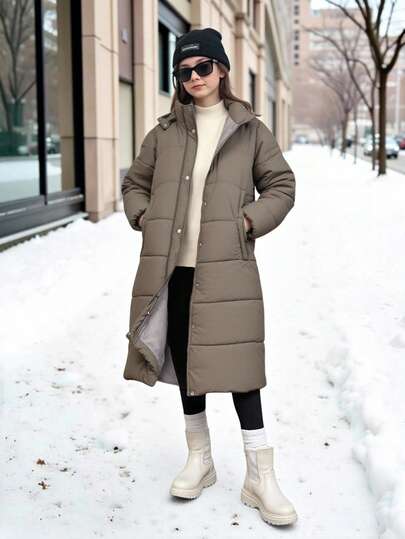 SHEIN Casual Loose Fit Hooded Padded Coat, Suitable For Teenagers (Girls), Commuting, School, Work, Autumn/Winter
