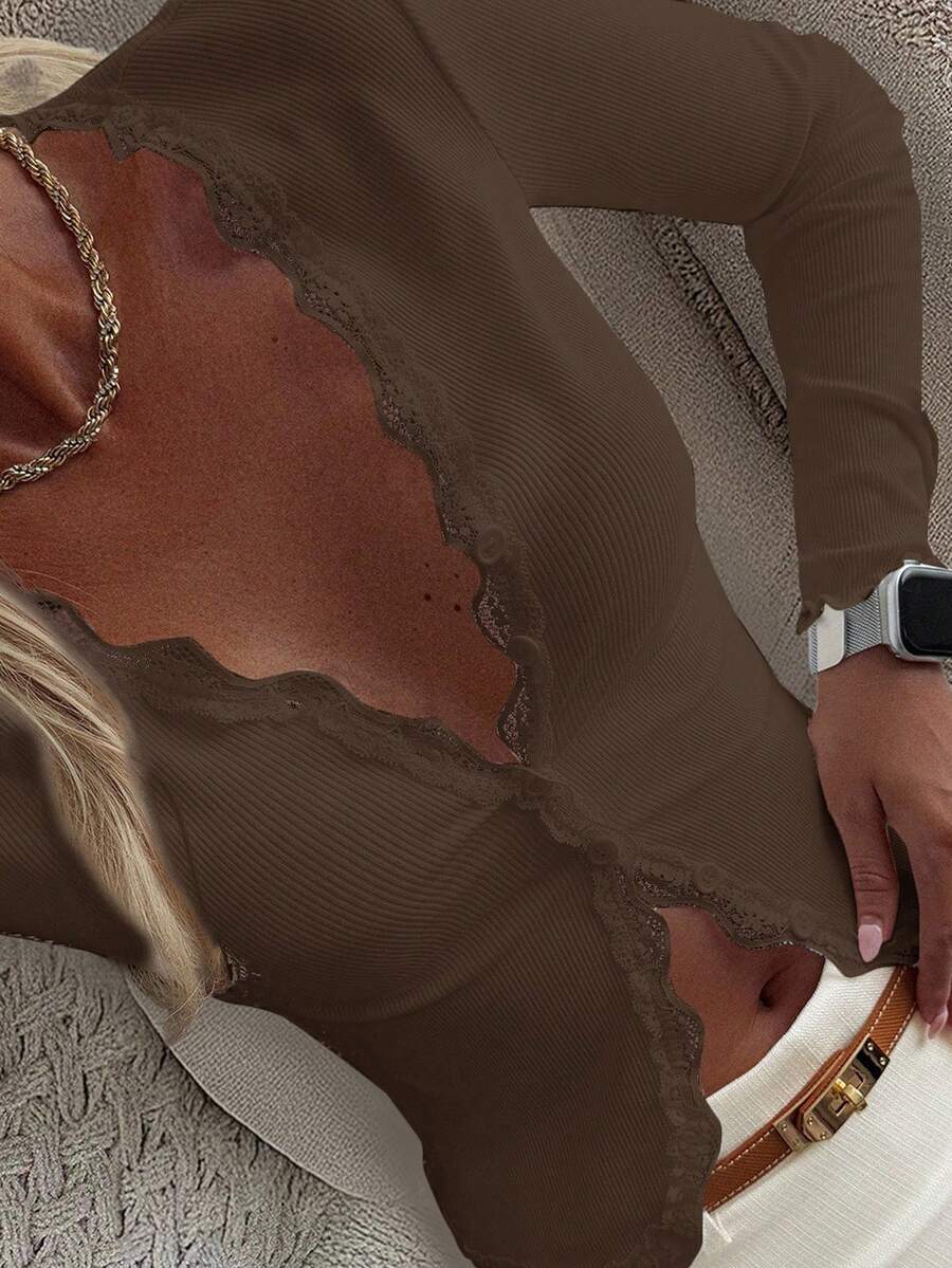 DAZY Áo khoác cardigan dài tay ôm sát viền ren cho nữ - Màu nâu  Mocha - Xem 1