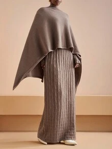 Zivah Winter New Styles, Christmas, New Year, Wedding Season, Valentine's Day, Birthday Parties, Graduation Season, Daily Outings, Basic, Versatile, Casual Vacation, Cruise Travel, Casual Elegance, Commuting, Street European Style, Simple Style, Women's Holiday Outfits, Cape, Shawl + Round-Neck Long-Sleeved, Checkered H-Shaped Long Dress, Khaki Suit, Women's Sweater Two-Piece Set - Brown - View 4