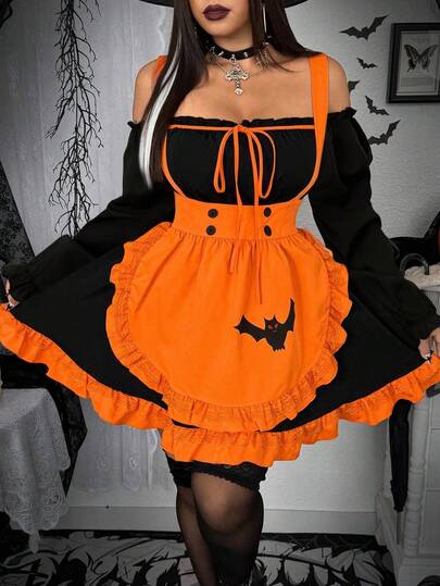 Whyspr Grunge Punk Plus Size Women Halloween Maid Costume Cute Bat Vampire Witch Orange Maid Dress Lolita