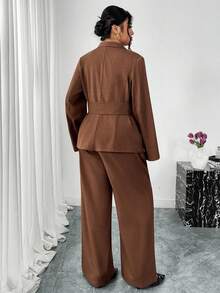 SHEIN Privé Plus Size Casual Commuter Solid Color Jacket And Pants Suit - Mocha Brown - View 2