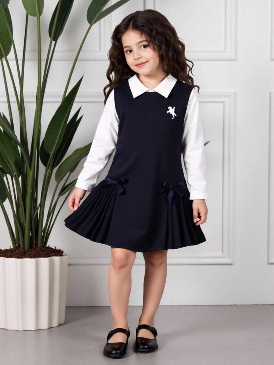 2pcs/Set Girls Casual Printed A-Line Dress With Bow Decor Hem+Long Sleeve Shirt Set,School Style Outfit For Back-To-School,Career Day,Autumn Wear - White - View 1