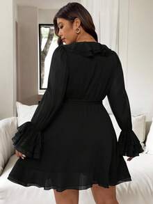 Vionelle Vestido largo y corto de mujer talla grande de primavera/verano, estilo francés romántico de Sicilia, elegante y casual, para ir a trabajar, de vacaciones, para tomar el té de la tarde, de unicolor, de gasa con pliegues, cruzado con lazo, de doble capa con volantes en las mangas, forrado