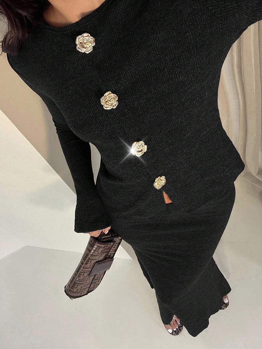 Glamine 1. Maglione minimalista di alta gamma con scollo tondo, bottoni in metallo, maniche lunghe, in maglia, per donna, aderente, con orlo a sirena in finta pelliccia calda e lunga gonna, set da 2 pezzi, adatto per riunioni tra sorelle, cene formali, outfit da festa. - nero - Visualizzare 1
