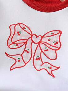 SHEIN 2 Stücke/Set Süßer Schleifen Dekor Rundhals Langarm T-Shirt + Kirsche Stickerei Gerade Bein Jeans Hose, Kleinkind Mädchen Outfit, Herbst/Winter