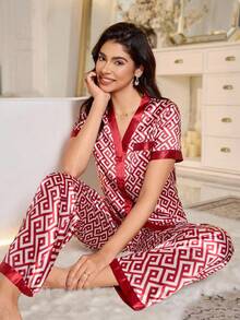 LuxeNights Faux Silk Red Geometric Print Women Pajama Set Red Pajamas For Women - Red - View 3
