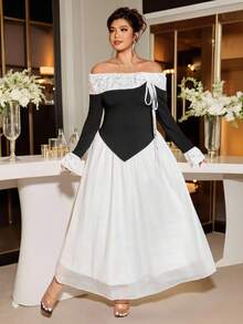 Allurite Vestido de manga larga con parches de encaje elegante para mujer de talla grande, adecuado para uso diario y fiestas - Beis - Ver 7