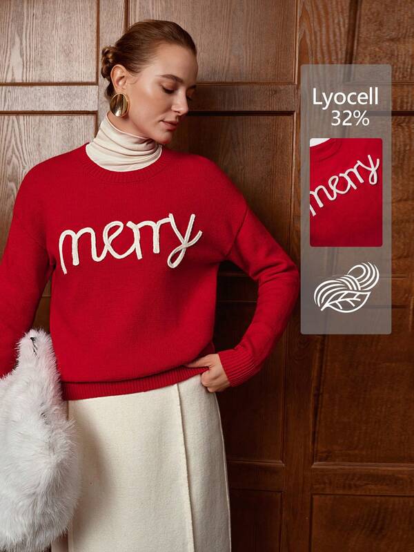 Aalyst Suéter de Navidad para mujer, texto "Navidad" en rojo, tejido casual de temporada, otoño/invierno