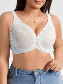 SHEIN 1pc Plus Size Women Leopard Lace Underwire Bra - White - View 6