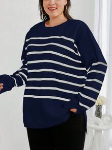 EURMUSE Suéter de hombros caídos con estampado de rayas - Azul Marino - Ver 5