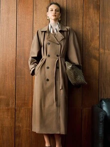 Revavyn 法式优雅通勤女士翻领收腰灯笼袖中长款风衣，适合所有季节 - 棕色 - 查看 4