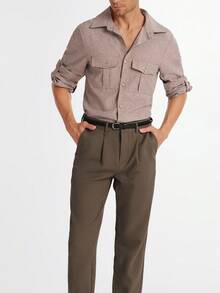Manfinity Dauomo Men's Casual Solid Color Roll Tab Sleeve Shirt With Flap Pockets, Spring/Autumn - Brown - View 4
