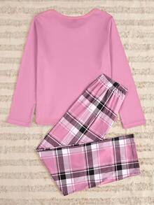 女士泰迪熊印花长袖上衣和格子蝴蝶结装饰印花长裤睡衣套装，春秋季，秋冬季服装 - 彩色 - 查看 2