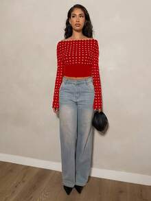 Glamine Polka Dot Print Oblique Shoulder Long Sleeve Top For Women, Autumn - Red - View 3