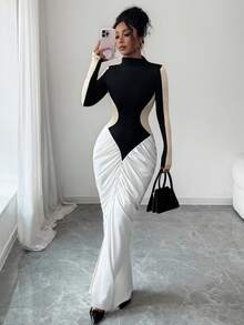 Elenzga 女式高领长袖拼色褶裥开衩优雅连衣裙 - 黑與白 - 查看 3