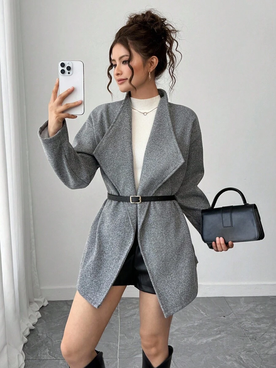 少女休闲百搭大衣，翻领设计，腰带，适合秋冬季上学、通勤、郊游、散步、购物、聚会，可搭配长袖、毛衣、裤子