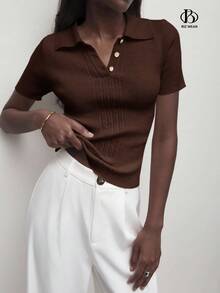 BizChic 2025 秋冬新款深咖啡色不对称罗纹针织 Polo 领半拉链纽扣女毛衣，现代优雅时尚商务休闲办公装，百搭经典简约浪漫适合正式场合、派对、婚礼、海滩、休闲外出、国庆、新年、圣诞节、感恩节 - 棕色 - 查看 6