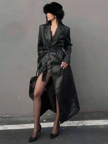 DAZY 复古翻领单排扣长袖皮夹克女款，高腰系带开衫风衣，秋季女装黑色皮质风衣 - 黑色 - 查看 5