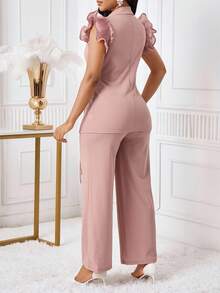 SHEIN Lady Conjunto de traje de mujer con blazer de manga con volantes rosa y pantalones elásticos de cintura elástica para otoño/invierno