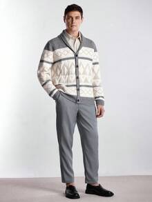Manfinity CityGents Cárdigan de hombre con patrón geométrico de bloques de color, otoño/invierno - Gris - Ver 3