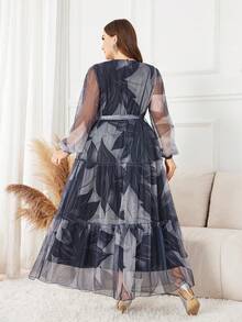 Graceveil Plus Size Long Sleeve Floral Print Mesh Arabic Style Dress - Black - View 2