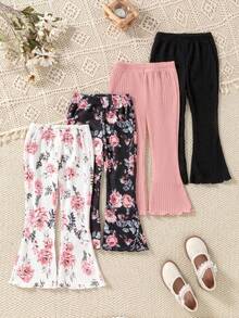 SHEIN 4pcs Young Girl Bohemian Floral + Solid Color Flare Leg Pants Casual Trousers, Versatile For Spring & Summer