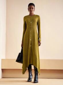 Zivah 20  Autumn New Arrival Halloween Birthday Party Banquet College Style Student Daily Casual Versatile Cruise Travel Viral Hit Elegant Commute Business Casual Round Neck Long Sleeve Front Metal Button Decor Slit A-Line Silhouette Olive Green Vertical Sheer Lace Fabric Lined Long Dress For Women - Army Green - View 6