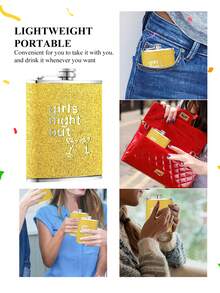 SHEIN 1 件 8 盎司女士酒瓶，不锈钢防漏彩色闪光涂层酒瓶，便携式户外扁平金属小酒瓶，适用于酒吧烧烤和旅行、储存用具、房间装饰，可用于饮用水、咖啡、牛奶、饮料等，适用于厨房、餐厅、酒吧、派对、聚会、婚礼、送给朋友的礼物、送给男朋友的礼物、送给父亲的礼物、圣诞礼物、新年礼物。 - 黃色 - 查看 5