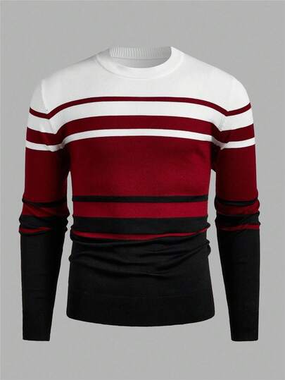EASEVO Plus Size Men's Casual Striped Patchwork Long Sleeve Pullover Sweater, Suitable For Daily Commute, Autumn/Winter