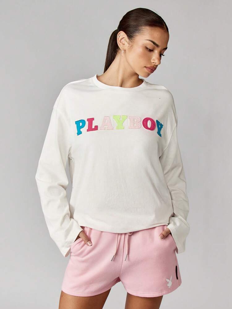 Missguided x Playboy Oversized Crew Neck Sweater With Colorful Applique Letters